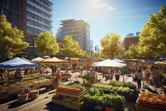 a farmers market in the city with people walking around at The Parker in Portland, OR 97209
