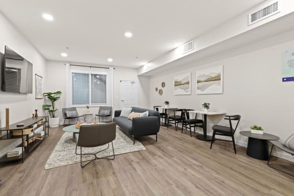 Seating area in newly renovated clubroom at Switchback on Platte Apartments, Littleton, 80120