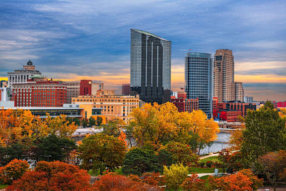 a view of the skyline in the fall