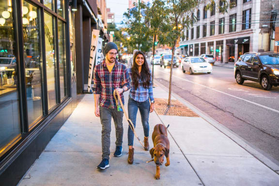 a man and woman walking their dog down a city sidewalk