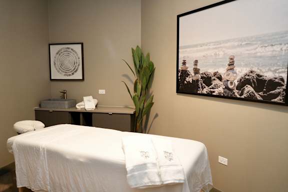 A spa room with a massage table, a sink, a potted plant, and a picture on the wall.