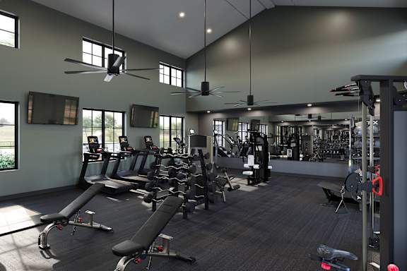 Fitness center with cardio and weight training equipment at Wrenley Luxury Apartment Homes, Newnan, Georgia
