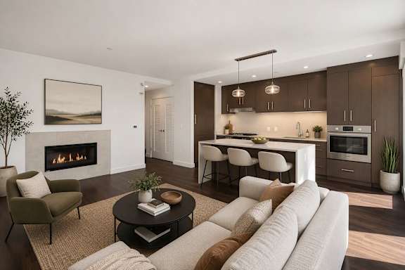 A modern living room with a fireplace and a dining area.