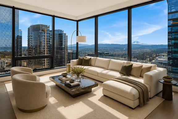 A modern living room with a view of the cityscape.