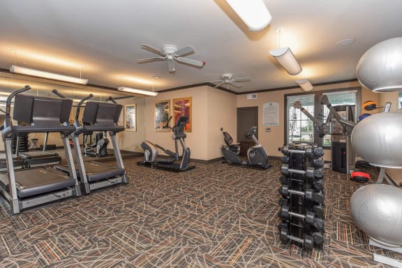 a gym with treadmills and other exercise equipment in a room at Mariposa at Clear Creek Webster 55+ Apartments, Webster, 77598