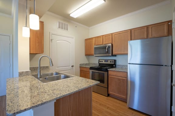 a kitchen with stainless steel appliances and granite counter tops at Cypress Creek at Parker Blvd, TX 75189