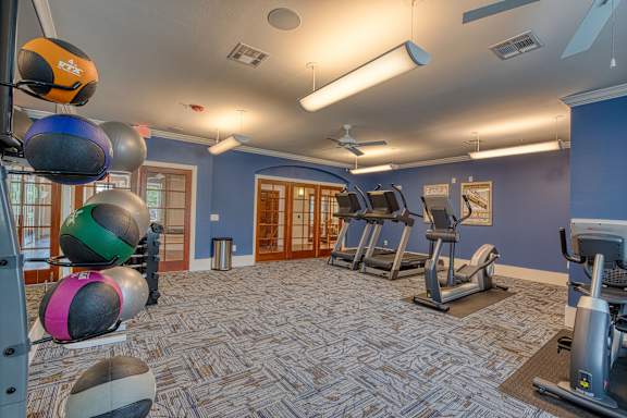 a gym with treadmills and other exercise equipment in a building with blue walls at Mariposa at South Broadway, Texas, 76058