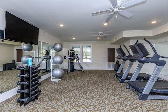 a gym with treadmills and other exercise equipment and a tv at Mariposa at Westchester, Texas