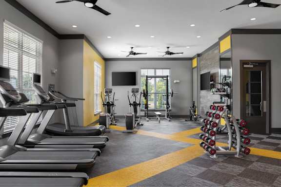A gym with treadmills, weights, and exercise equipment.