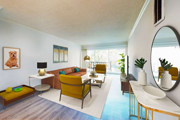 a living room with furniture and a large mirror