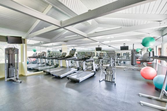 A gym with treadmills, exercise balls, and other equipment at Mediterranean Village Costa Mesa, Costa Mesa.