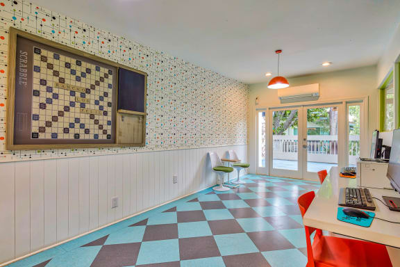 a home office with a checkered floor and a bulletin board  at Rancho Los Feliz, California, 90039