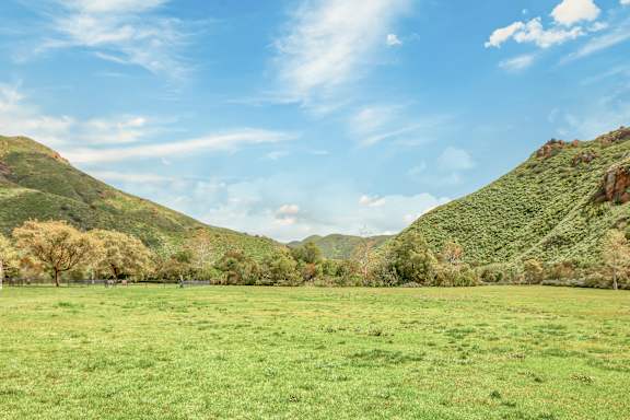 A grassy field with hills and trees in the background.