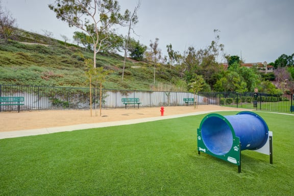 a dog park with a large blue dog kennel and a red fire hydrant
