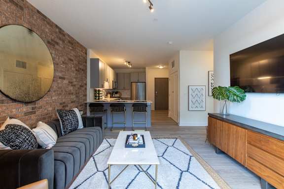 A living room with a grey couch and a patterned rug.