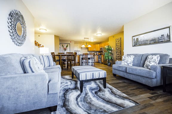 A living room with grey couches and a patterned rug.