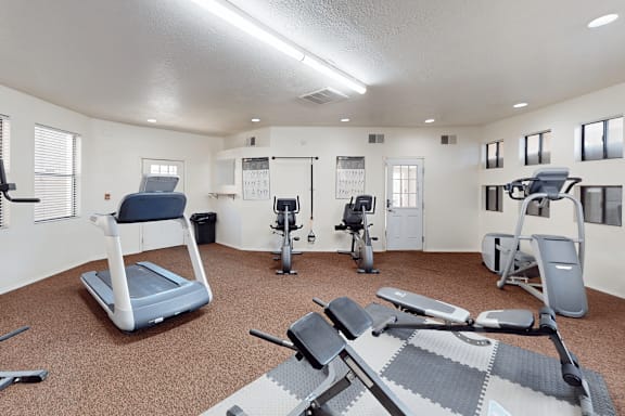 A spacious gym with a variety of equipment including treadmills, exercise bikes, and weight machines.