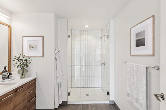 a bathroom with a shower and a sink and a mirror