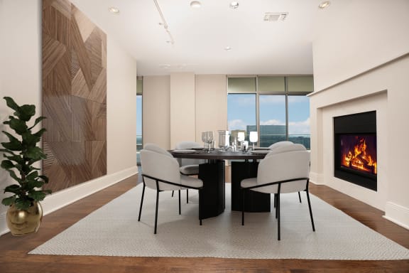 Dining room with a fireplace at The Heights at Park Lane, Texas, 75231