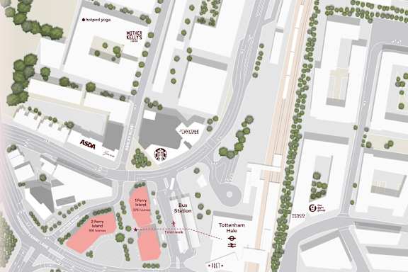 Map showing Ferry Island in Tottenham Hale, North London, with nearby transport links.