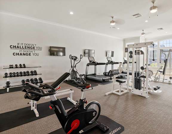 State-of-the-art fitness center with cardio and weights - Courtney Station Apartments