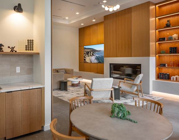 Community lounge with TV and fireplace - Willow Apartments