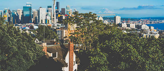 A cityscape with a mountain in the distance.