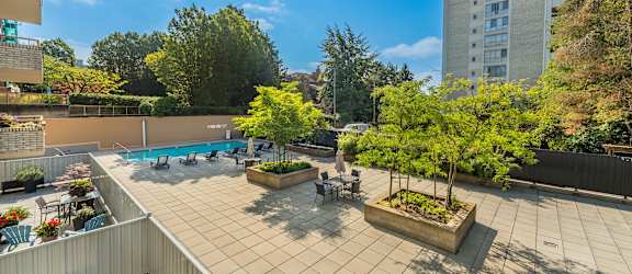 A rooftop patio with a pool, chairs, and trees.