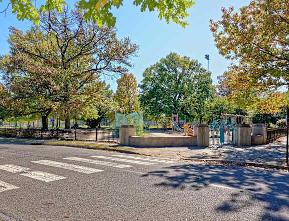 A street with a crosswalk and trees with autumn leaves.