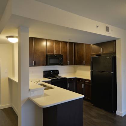 A kitchen with black appliances and brown cabinets.