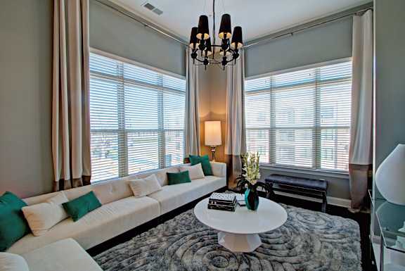 A living room with a white couch and a grey rug.