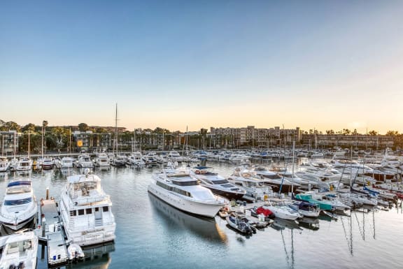 a marina filled with lots of boats at sunset