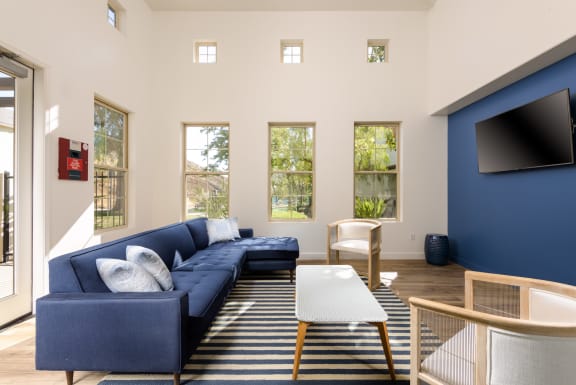 a living room with a blue couch and a coffee table  at Mission Hills, Camarillo, CA, 93012
