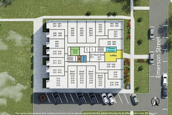 A map of a building with a fitness center and lobby.