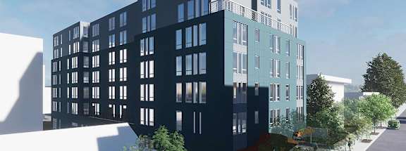 a rendering of an apartment building on a city street