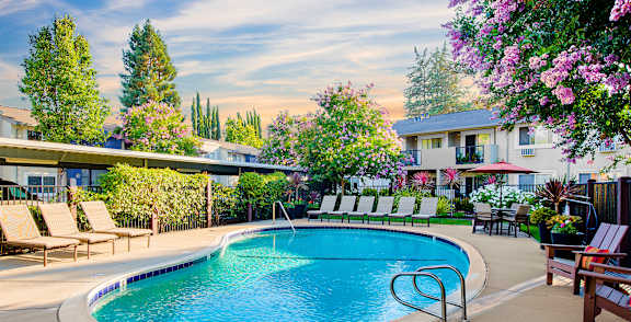 A pool surrounded by lounge chairs and trees. at Pleasanton Place, Pleasanton