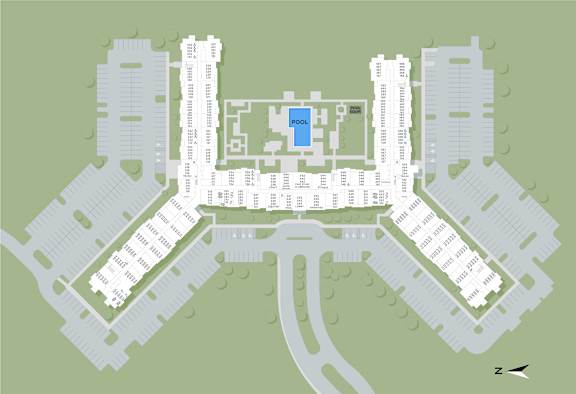 A map of a complex with a pool in the middle.