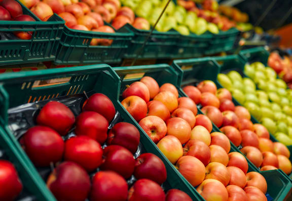 a display of fruits at a market at West Park Village, Los Angeles, California