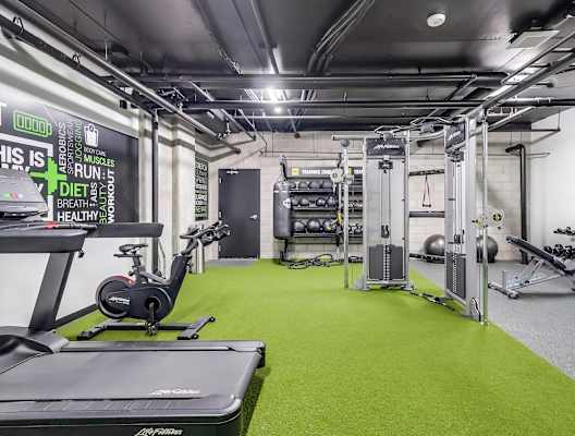 A gym with a green floor and a variety of equipment.