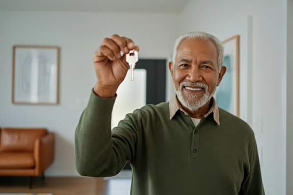 A man in a green shirt is holding up a key.