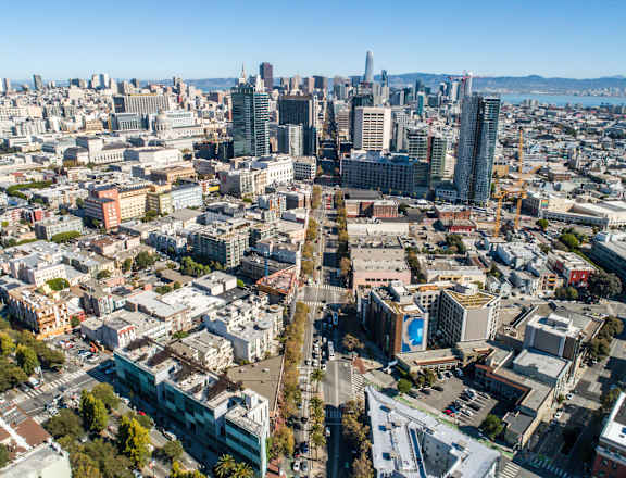 A cityscape with a mix of residential and commercial buildings.at The Rise, California, 94103
