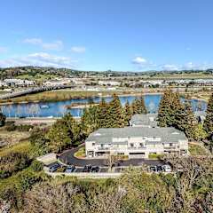 aerial view of apartments and lake at Redwood Landing Apartments, California