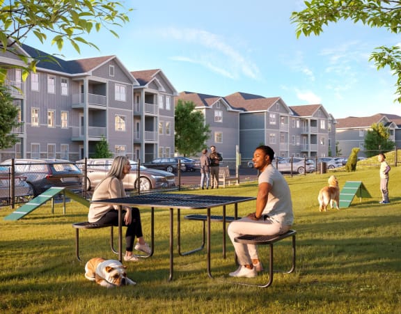 a rendering of a dog park with people sitting at a table at Preserve at Sycamore Creek, Osage Beach, MO 65065