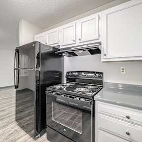 A black refrigerator and stove in a kitchen with white cabinets at The Ridges Apartments, IA,50315