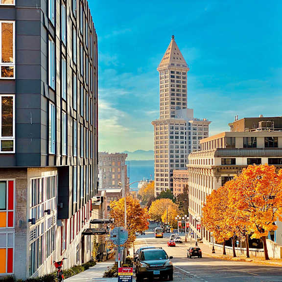 A city street with cars and buildings on either side.