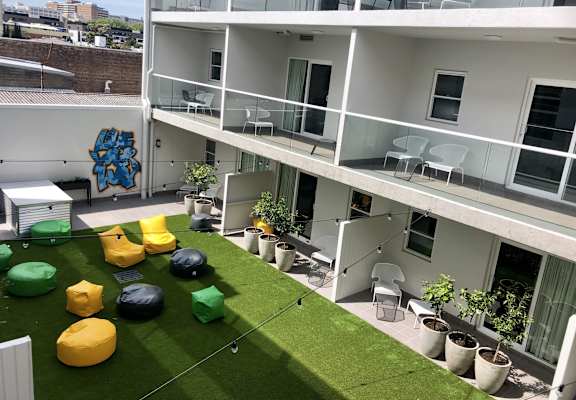 a communal area on the roof of an apartment building