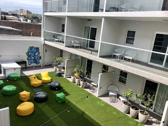 a communal area on the roof of an apartment building