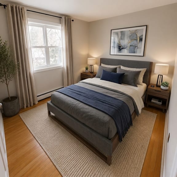 A bedroom with a large bed and a window with curtains.
