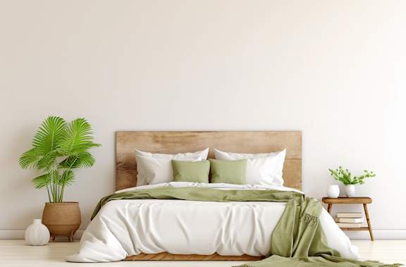A bed with a white comforter and a green throw is in the center of the image at The Laurent at Laurel Apartments, Edmonton, AB, T6T 2T5