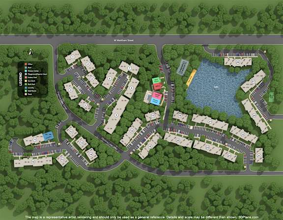 A map of a residential area with a lake and a legend explaining the symbols used.